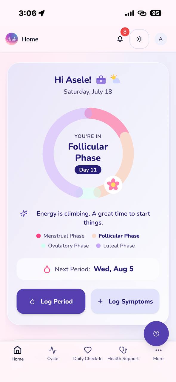 The Asele app home screen showing the current cycle phase and daily guidance
